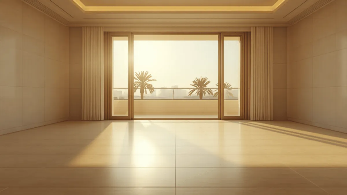 An empty, sunlit living room in a modern Moroccan apartment, glass doors opening onto a balcony and palm trees