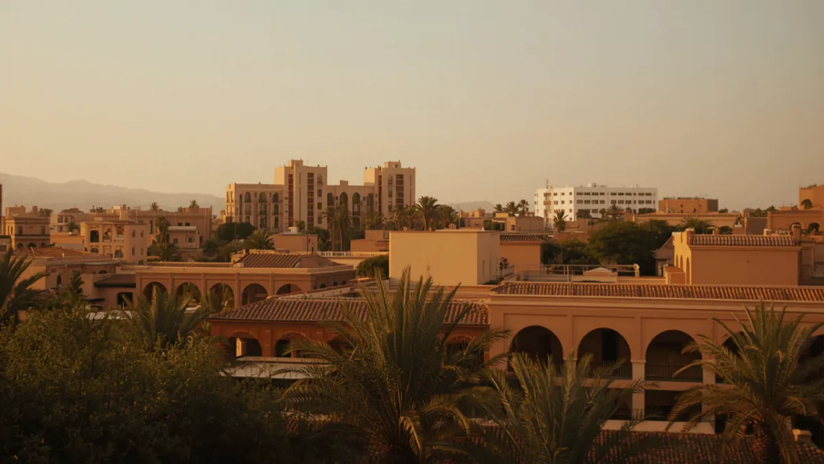 A Moroccan city skyline at sunset, mixing modern apartment blocks with traditional earth-toned buildings and palms