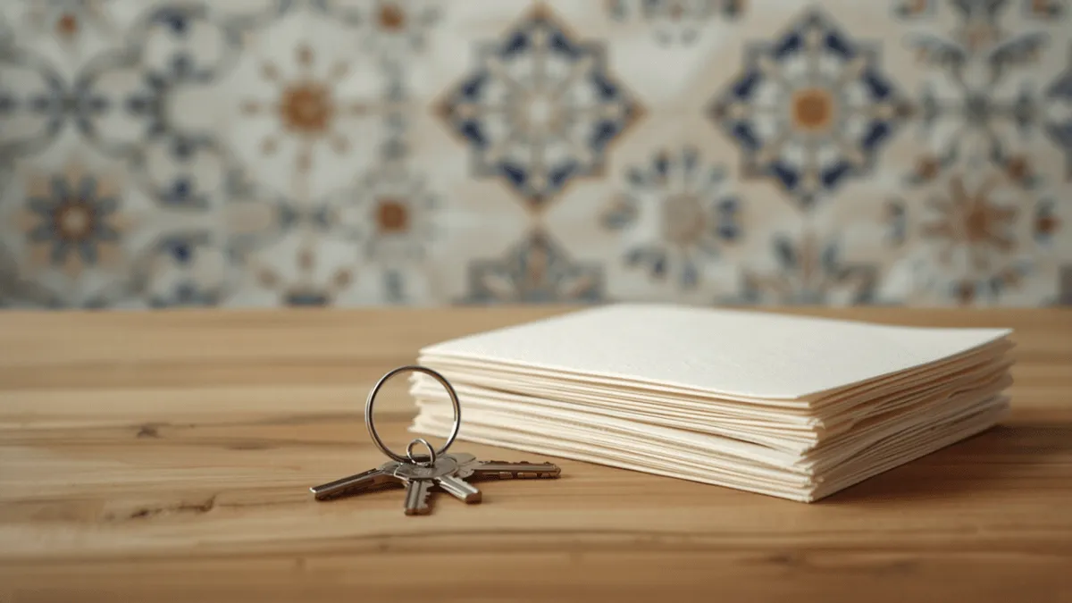 House keys and blank sheets of paper on a wooden table, with blurred traditional Moroccan zellige tilework behind