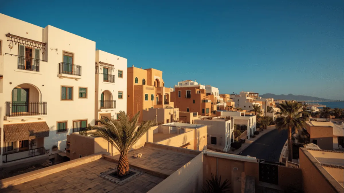 Whitewashed and ochre Moroccan houses with wrought-iron balconies on a coastal street, palm trees and the sea beyond