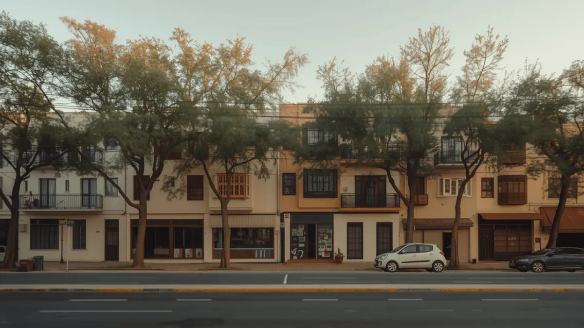 A quiet tree-lined residential street in a Moroccan city, with mid-rise apartment buildings and balconies