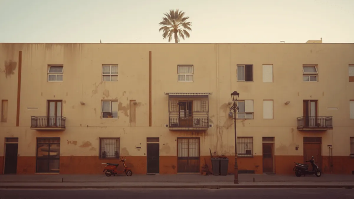 Immeuble d'habitation ocre et crème dans une rue marocaine en fin de journée, balcons en fer forgé et palmier